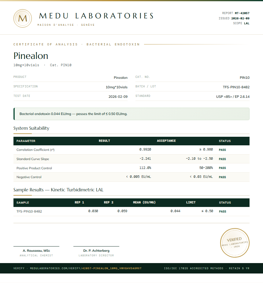 Pinealon Endotoxin report by Medutest